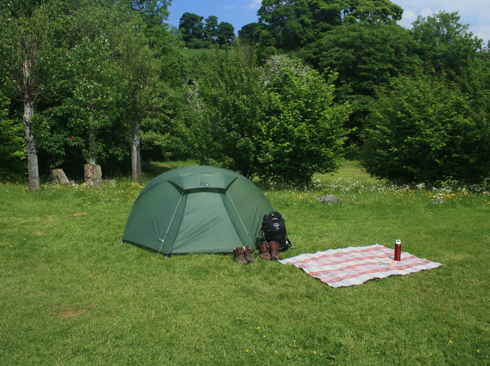 Hikers' tent on a traditional grass camping pitch at Tyn Cornel