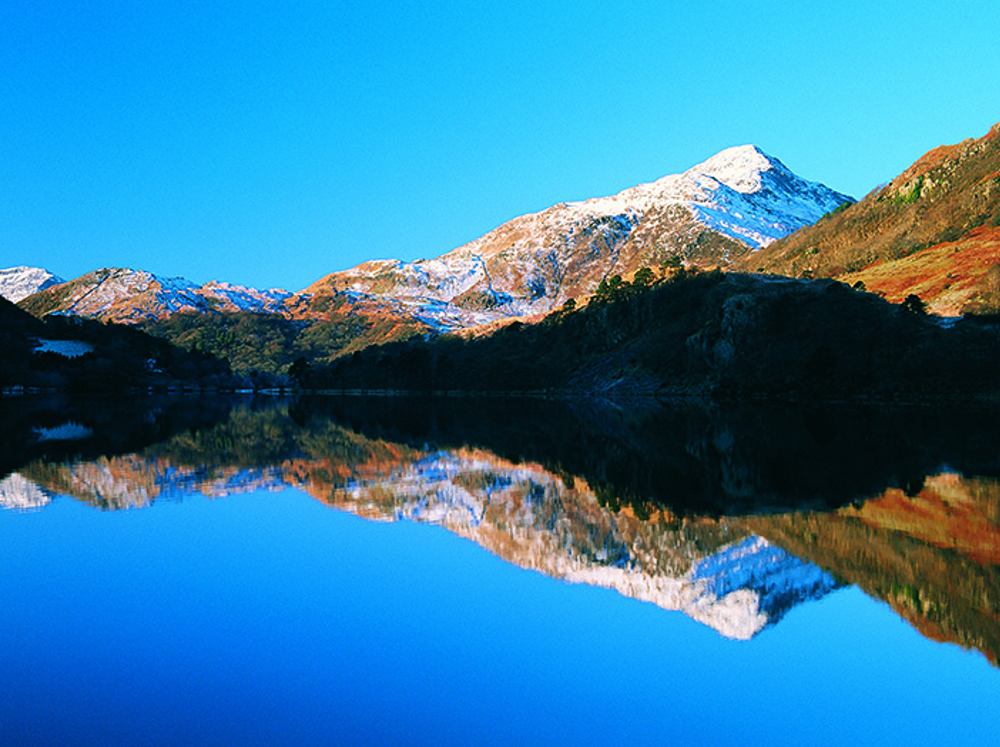 Llyn Gwynant, mirrored reflection of Snowonia mountains, perfect for wild swimming